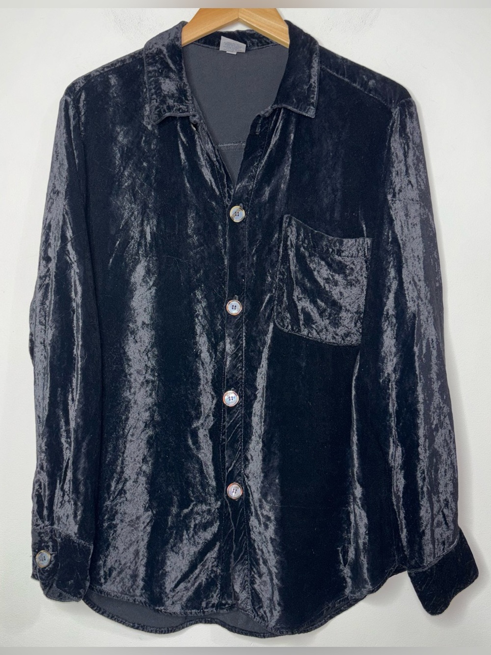 CP Shades Black Crushed Velvet Button Shirt Relaxed Size S